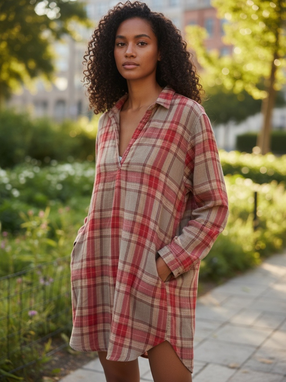 CP Shades Orange/Tan Plaid Striped Cotton Gauze Tunic Dress Boho Prairie Medium